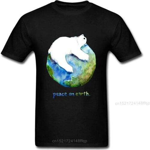 2018 Peace On Earth Polar Bear Hug Men T-shirt Funny Watercolor Cartoon Design Summer Short Sleeve Cool Black Top Shirt