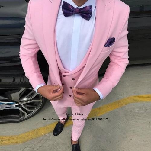 Mens Slim Suits Fashion Pink 3 Piece Set Wedding Groom Tuxedo Formal Business Blazer Costume Ensembles Homme (Jacket+Vest+Pants)