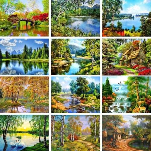 DIY 5D Poured Glue Diamond Painting Kits Scalloped Edge Landscape Waterfall Sunset Full Round Drill Rhinestone Embroidery Mosaic