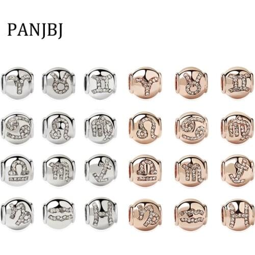 2021 New Alloy Bead Rose Gold Zodiac Birthday Charm Clear CZ Fit Original Pandora Bracelet Bangle Necklace DIY Women Jewelry