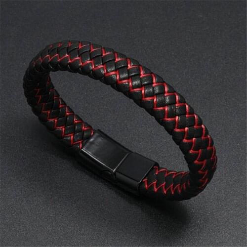 Modyle New Fashion Punk Vinatge Black Red Braided Leather Bracelet Magnetic Clasp Bangles Bracelets for Men Jewelry Gifts