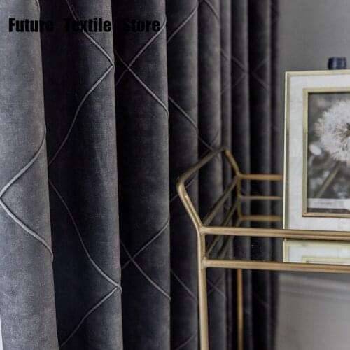 New Style Luxury Simple Flannel Large Lattice Shading Finished Thickened Curtain Fabric Curtains for Living Dining Room Bedroom