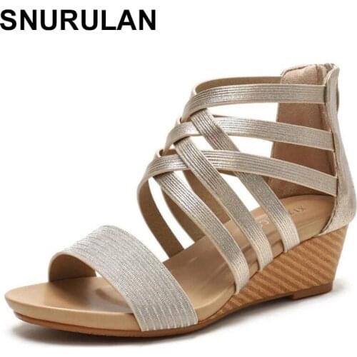 SNURULANWedges Heel Roman Sandals Women Bohemian National Style Open Toe Holiday Womens Shoes Peep Toe Low Heel Gold Sandals