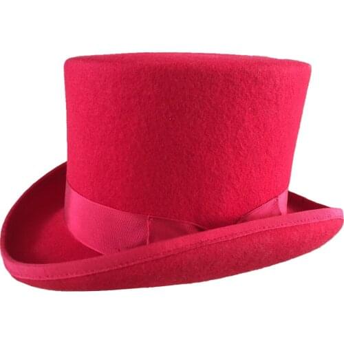 13.5cm Red High Top Hat Victorian Clasic Traditional Wool Fedoras Felt Hat / Cylinder Hat