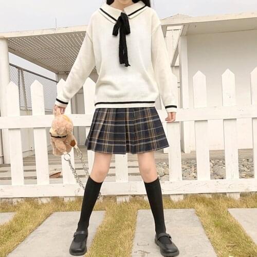 Japanese College-Style Lapel Lace-up Long-Sleeved Knitted Sweater High-Waist Retro Plaid Pleated Skirt Suit jk uniform