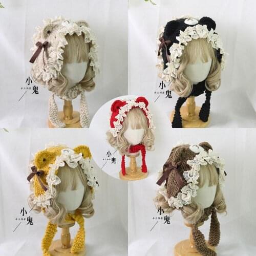 Mori Girl Kawaii Bear Ear Lace Trim Bowknot Knitted Hat Korean Sweet Retro Autumn Winter Warm Lolita Lovely Earmuffs Cap Student