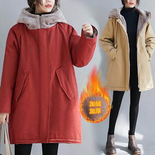 Women Clothing Winter Windbreaker Loose BF Oversized Plus Velvet Thick Hooded Cotton Padded Jacket Solid Long Zipper Coat y827