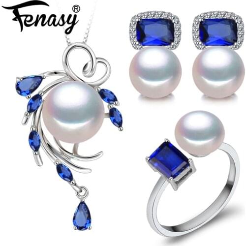 FENASY 925 Sterling Silver Necklace Natural Pearl Jewelry Sets For Women Bohemian Stud Earrings Sapphire Pendant Party Rings