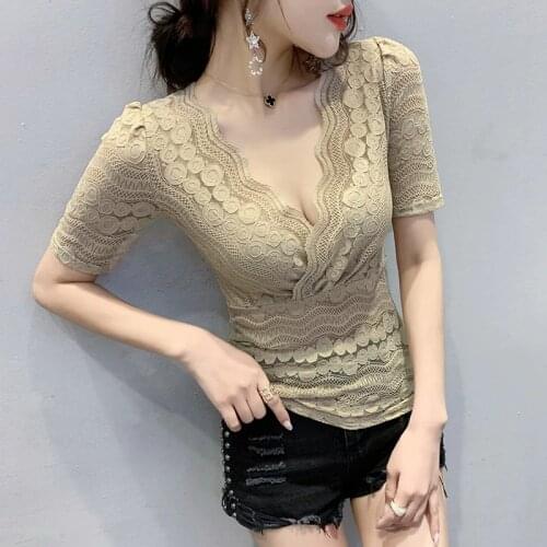 2021 Summer New Women Lace Tops Fashion Sexy V-Neck Hollow Out Womans T-Shirt Elegant Slim Plus Size Blusas