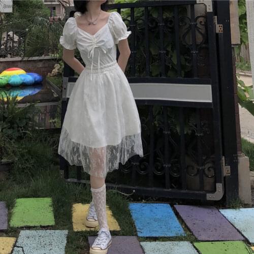 2021 Summer New Dress Gentle Super Fairy Waist White Pure Color Sweet Temperament Princess Fluffy Net Gauze Skirt V-neck Short