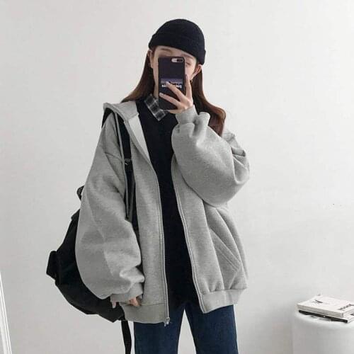 Harajuku Korean Version Loose Thin Long-sleeved Hooded Sun Protection Coat Retro Student Girl Top Women Hoodie Zipper Sweatshirt