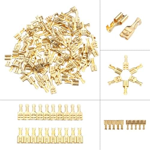 100Pcs 4.8mm/6.3mm Female Crimp Terminal Connector Gold Brass Car Speaker Electric Wire Connectors Crimping Terminals Set