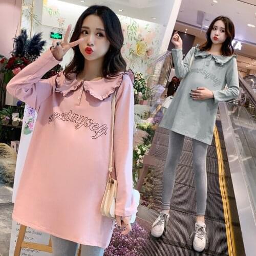 1961# Maternity Clothes Spring Autumn Turn Down Collar Long Sleeves T-shirt fashion Loose Stylish Tops for Pregnant Women