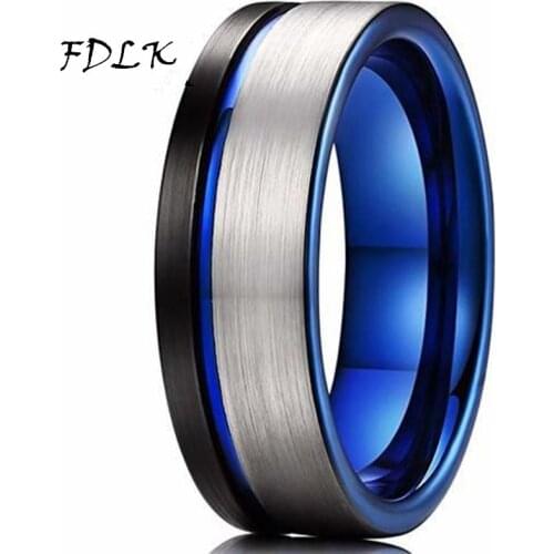 8mm Tricolor Tungsten Carbide Rings for Men Blue Groove Beveled Edge Black Matte Finish Men Promise Ring Men Wedding Band