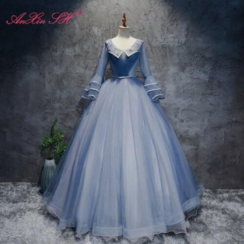 AXJFU blue lace evening dress, princess ruffles shoulder blue evening dress, Korean sisters banquet bow evening dress YDY455