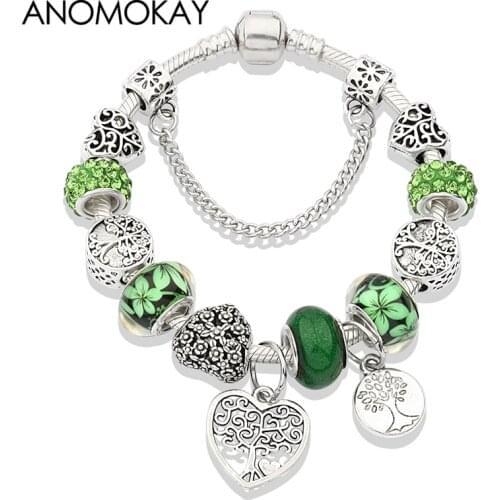 Anomokay Classic Green Tree of Life Crystal Charm Bracelet Silver Color Heart Flower Plant Diy Bead Jewelry Bracelet for Gift