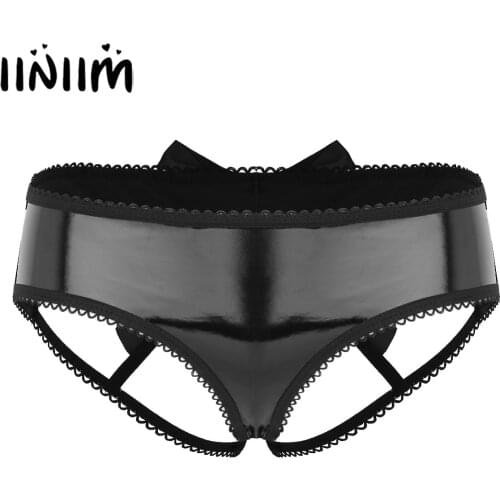 Black Sexy Ladies Womens Cut Cage-Back Hipster Panty Lingerie Wet Look Faux Leather Bowknot Low Rise Mini Briefs Underwear