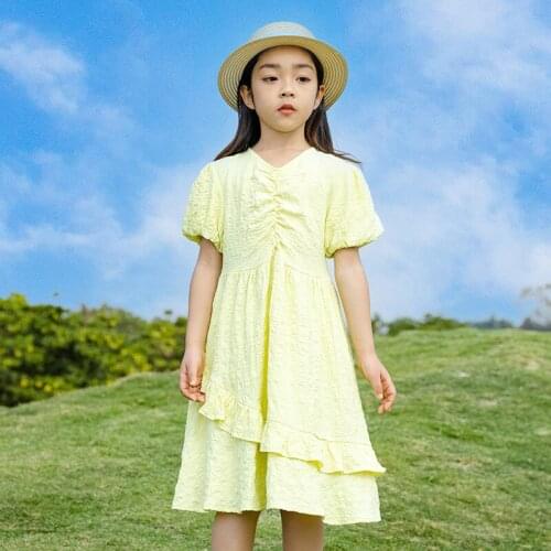 2021 Girl Dress Summer Yellow Short Sleeve A-Line Kids Dresses for Girls Ruched Princess Dress 6 8 10 12 14 Years Children