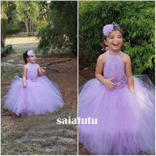 Crystal purple flower girl wedding dresses children party princess kids birthday gift piano christmas tutu dress Vestido
