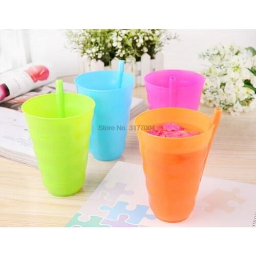 DHL 500pcs Kids Candy Color Plastic Straw Cups Children Water Cup with Built in Straw Mug Drink Beautiful Color