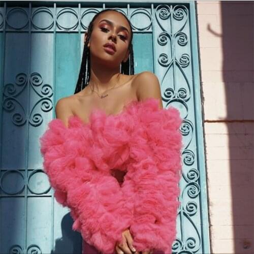 Elegant Hot Pink Off The Shoulder Long Sleeves Blouse Shirts Women 2021 Ruffle Puffy Tulle Party Tops Custom Made Plus Size