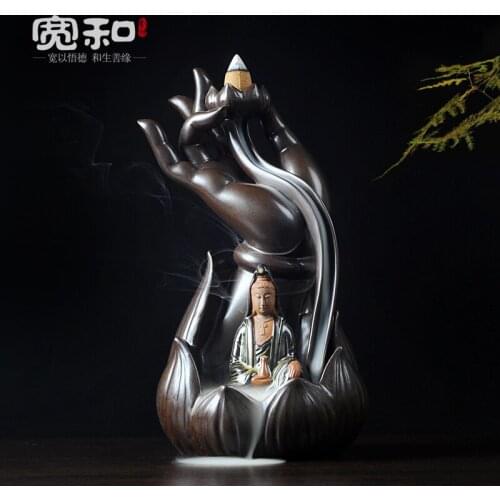 Ceramic Buddha incense burners aromatherapy furnace Lotus Buddha Guanyin creative back smoke perfumed incense burner censer