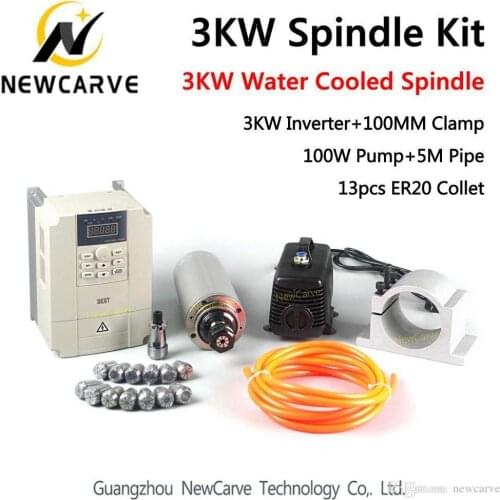 Kit 3KW 380V 100mm CNC Router Water Cooled Spindle Motor + VFD+100mm Clamp+100W Water Pump/pipe+13pcs ER20 Newcarve