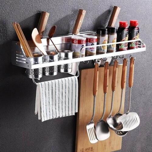 Space Aluminum Kitchen Racks Wall Hanging Punch-free Storage Knife Holder Kitchen Utensils Spices Seasoning Rack Organization