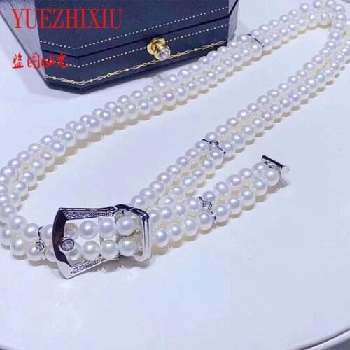 Fine jewelry belt double buckle AAA 8-8.5mm Beautiful White Akoya pearls Necklace