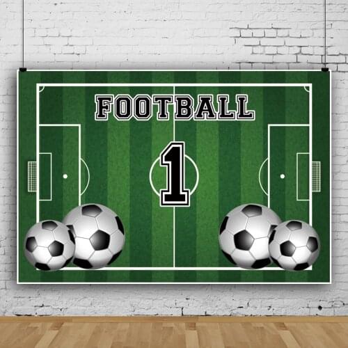 Laeacco 1ST Birthday Party Green Soccer Goal Football Birthday Party Customized Banner Photo Background Photographic Backdrops