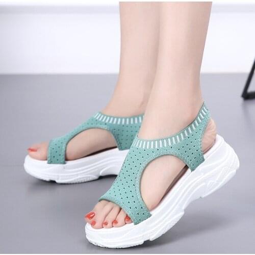Summer New Flying Knitting Versatile Elastic Belt Sports Slip-On Flat Sandals Thick Soled Fish Mouth Mesh Womens Wedge Shoes