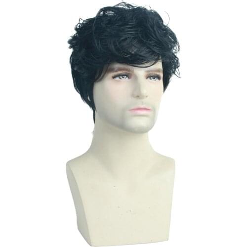 10'' Mens Short Wavy Curly Side Part Wig Resistant Hair Full Wig Black