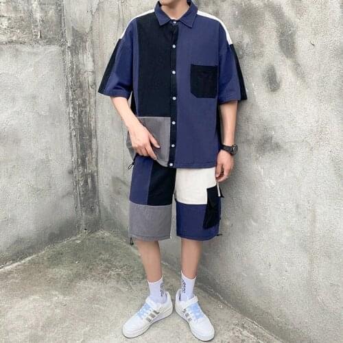 Mens Set Clothing Shirt Shorts Suit Patchwork Pocket Korean Style Summer Oversize Casual Cotton Short Knee-Length Pants Fashion