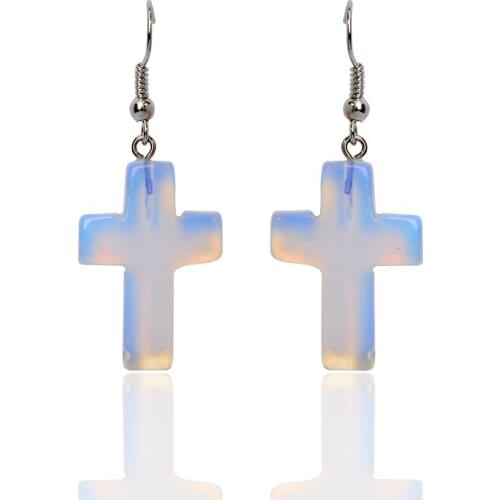 New Fashion Stylish Natural Opal Stone Cross Pendant Stud Earrings for Women Jewelry Double Sided Ear Earring Boucle Oreille