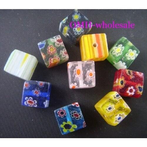 OMH wholesale free ship 6mm 8mm 10mm 100pcs mixed flowers millefiori square cube glass beads ZL65