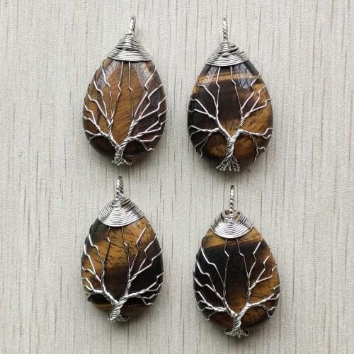 Wholesale 4pcs/lot fashion white Color Wire Wrap handmade tree of life drop shape natural tiger eye stone Pendants free shipping