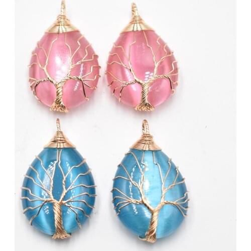 Wholesale 4pcs/lot Wire Wrap handmade tree of life drop shape cat eye stone pendants free shipping