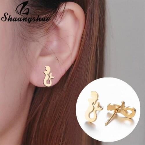 Shuangshuo Stainless Steel Earring Unique Fashion Lovely Mermaid Stud Earrings Cartoon Jewelry for Women Girls Best Friend Gift