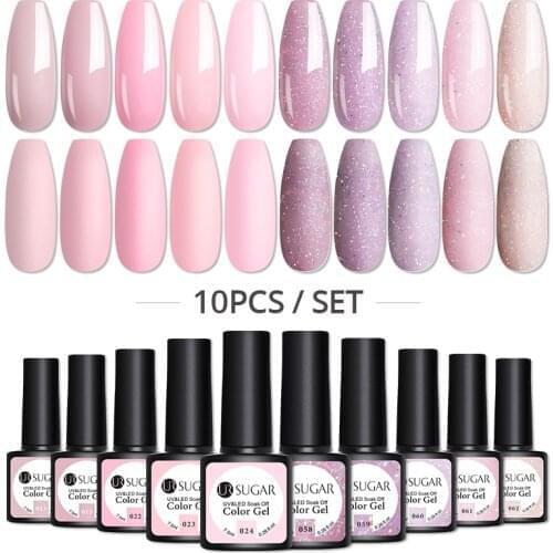 UR SUGAR 10pcs/set Gel Nail Polish Set Glitter Color Gel UV LED Manicures Semi Permanent Gel Lacquers Base Top Coat Nail Art
