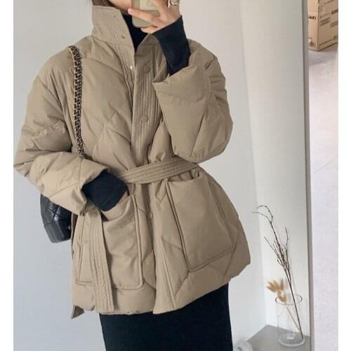 Womens Jacket Parker Coat Womens Fashion Khaki Single-Row Button Thick Coat Womens Elegant PU Leather Jacket Cotton Dress