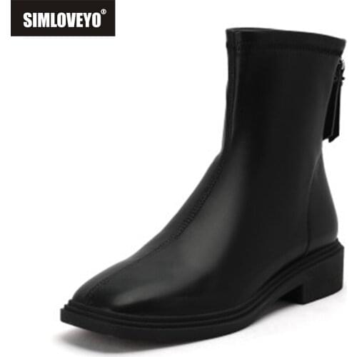 SIMLOVEYO Women Shoes Boots Ankle 2021 Autumn British Wind Genuine Leather Thick With Fur Ladies Short Boots Motorcycle Zipper