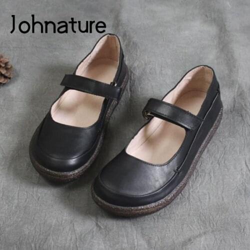 Johnature Hook & Loop Flats Women Shoes 2021 New Spring/Autumn Genuine Leather Handmade Retro Shallow Leisure Ladies Shoes