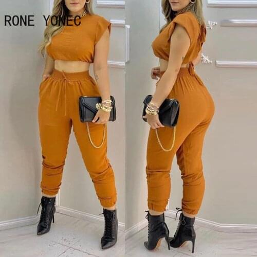 Women Tied Back Tassel Design Crop Top & Drawstring Pants Set Women Sport Suit