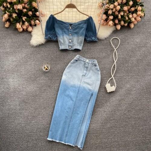 Womens Spring Summer Runway Fashion Blue Gradient Denim Top 2 pcs Jean Dress Female Chic Travel Vintage Party Dress TB837