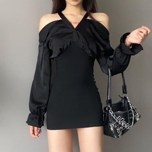 InsDoit Gothic Sexy Summer Dress For Women Vintage Black Bodycon Dress Halter Long Sleeve Aesthetic Elegant Club Party Dresses