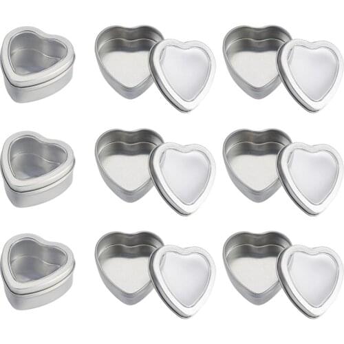 18pcs Tinplate Jewelry Candy Box Heart Platinum Color with Lip and and Clear Window Home Decor Supplies 6.05x6x2.75cm