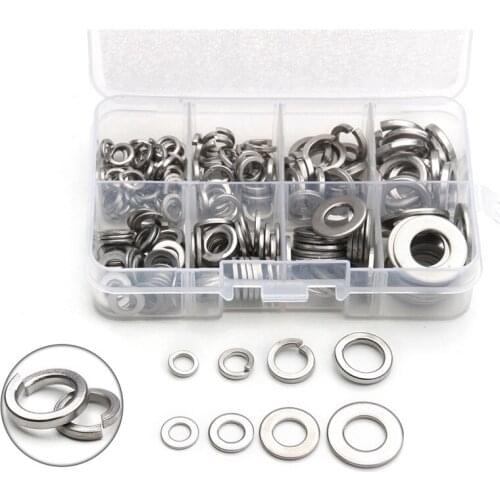 ZENHOSIT 200PCS M5/M6/M8/M10 304 Stainless Steel Flat Machine Washer Spring Washers Ring Kit Assortment with Box
