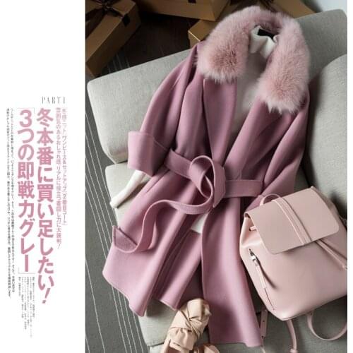 2020 100% Female Double-sided Wool Jacket Fox Fur Collar Spring Autumn Korean Long Coat Women Overcoat 2021 KJ4049