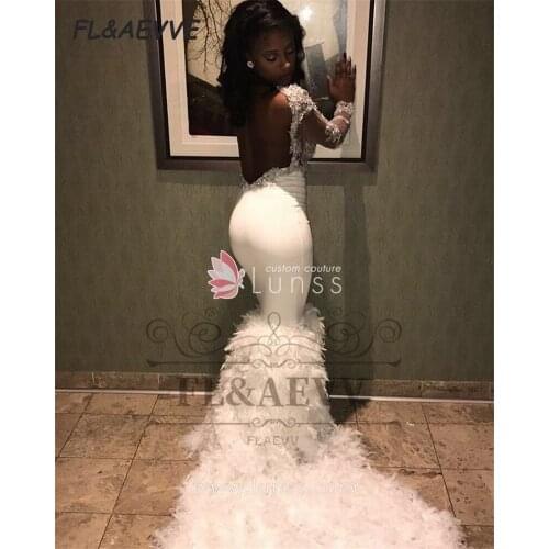 2021 White Evening Dress Mermaid Long Sleeves Lace Appliques Backless Floor Length with Flower Train Evening Prom Party Gowns