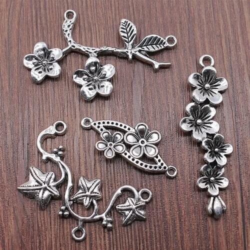 4pcs Charms Flower Branch For Jewelry Making DIY Jewelry Finding Antique Silver Color Flower Branch Charms Connector